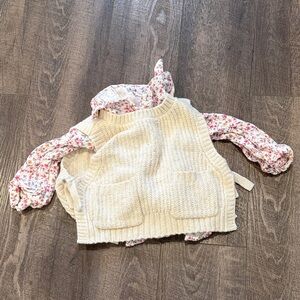 Cream Knit Vest with Floral Blouse
